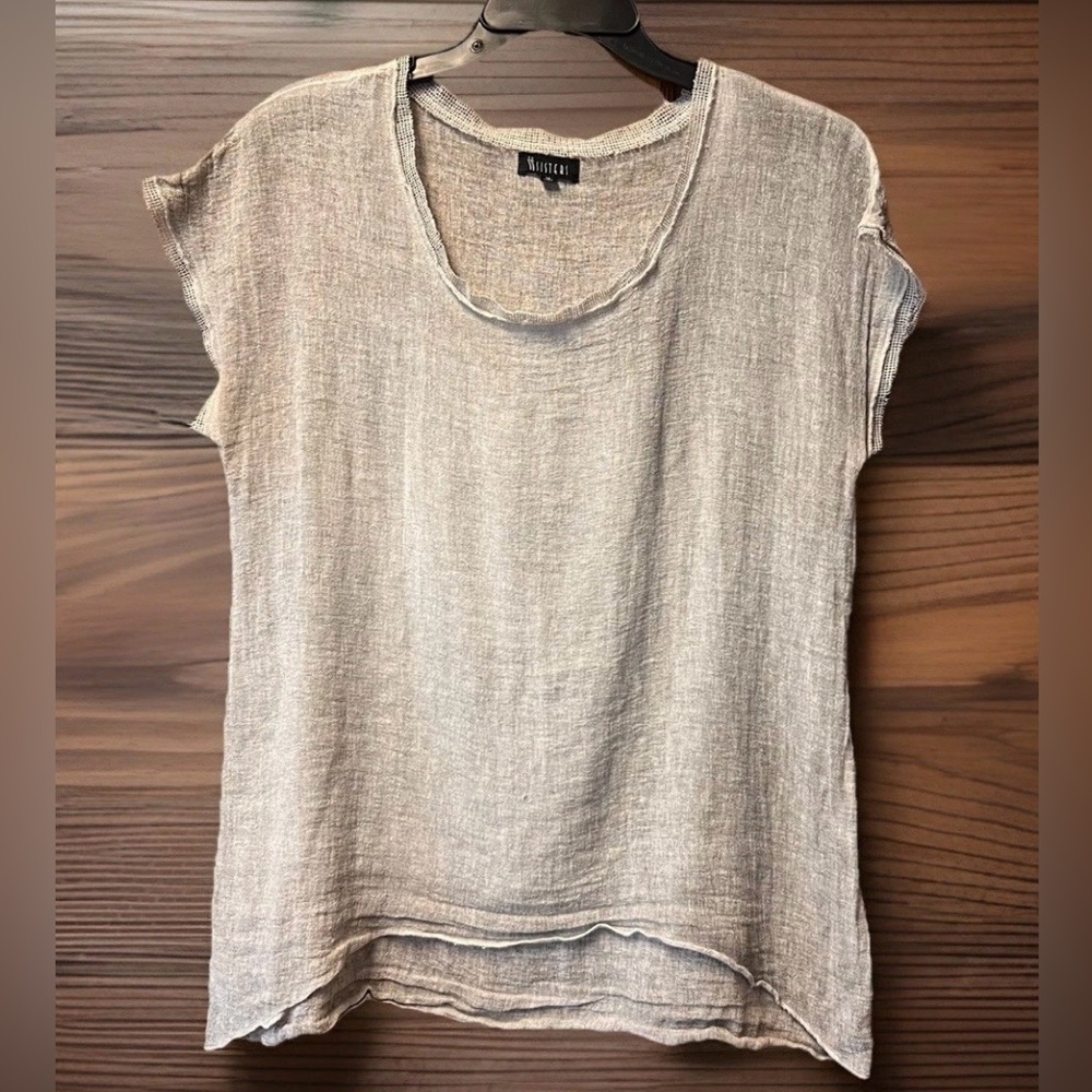 Very Nice Unique ii Sisters Gray Washed Ramie Linen Top M Raw Hem Tissue Weight